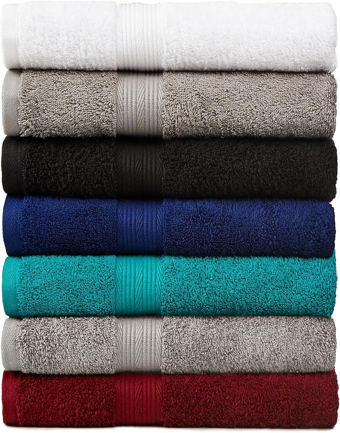 Amazon Basics 6 Piece Oversized Fade resistant Towel set, 100% Cotton towels for bathroom, soft and absorbent, 2 Bath Towels, 2 Hand Towels and 2 Washcloths bathroom towel set, Black