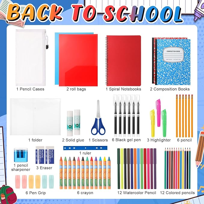 72 Pcs School Supplies Gift Box Set, Back to School Supplies Primary Middle College Bundle Essential Stuff Bulk Pen Notebook Colorful Stationery for Teacher Student Classroom