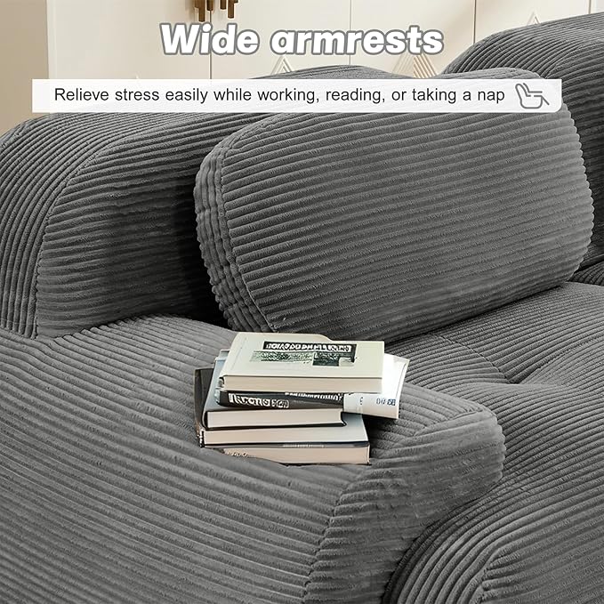 116" Modern Compressed Boneless Couch with Ottoman, 3 Seater Large U Shaped Sectional Couches for Living Room, Gray Corduroy Cloud Modular Sectional Sofa, Memory Foam, Extra Deep, No Assembly