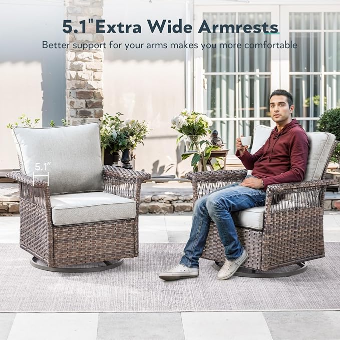 5 Pieces Wicker Patio Furniture Set - Hollow Widen Armrests Outdoor Swivel Glider Chairs and 3 Seat Sofa with Coffee Table & Side Table for Balcony Porch Deck and Yard - Brown/Beige