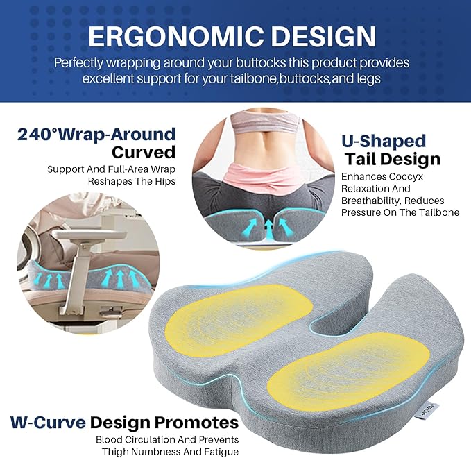 X Large Memory Foam Seat Cushion for Office Chair,for Back Support, Relief Sciatica & Tailbone Coccyx Pain Relief Cushion Pillow, for Long Sitting, for Car/Office Chair/Wheelchair (Darkgray)