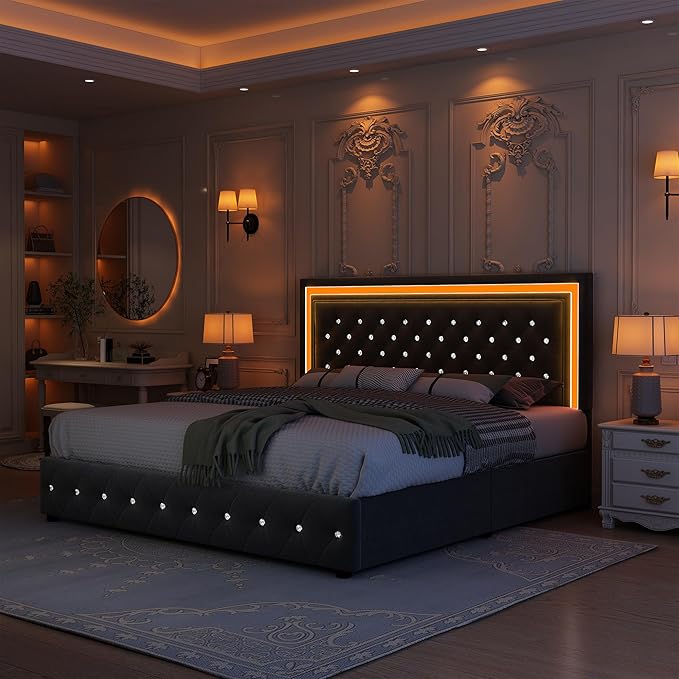 Full Bed Frame with LED Lights, Storage Drawers, No Box Spring Needed, 900 lbs Capacity, Easy Assembly, Velvet Grey