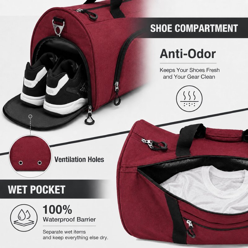 KUOSHI Men's Gym Bag with Shoe Compartment - Sport Duffle Bag for Men & Women, Water Resistant Travel Bag with Wet Pocket, Small Weekender Overnight Bag, Workout Bag with Luggage Sleeve-56L Red