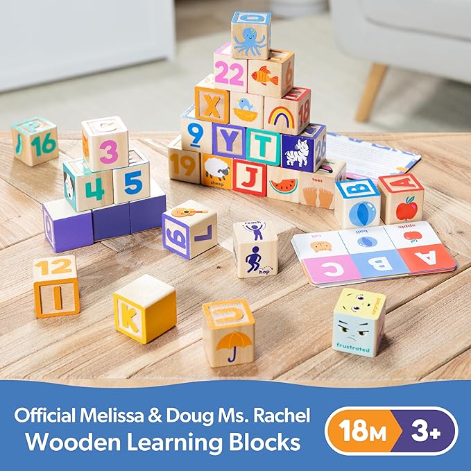 Ms. Rachel Melissa & Doug Letter, Number, and Game Wooden Learning Blocks with Activity Cards for Girls and Boys Toddlers Ages 18 Months+ - FSC Certified