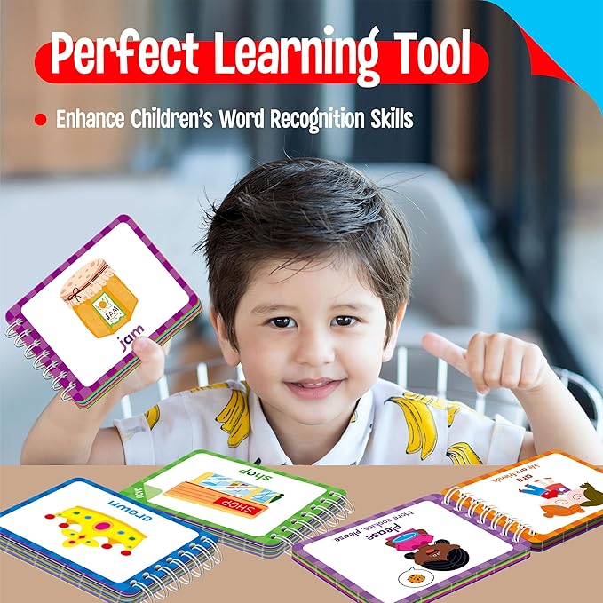 4 Kindergarten Learning Flipbooks, Double-Sided Mini Book Set - CVC, CVCC&CCVC, Sight Words & First Words, Early Educational Language Learning Tool for Kids