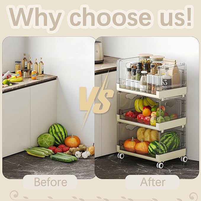 VECELO 3-Tier Fruit and Vegetable Basket, Stackable Kitchen Storage Organization with Wheels, Plastic Rolling Cart with Handles, Wide Open for Kitchen, Pantry, Living Room
