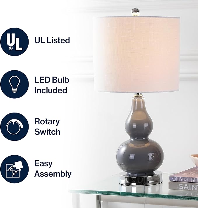JONATHAN Y 20.5" Gray Glass Table Lamp, Modern Gourd Bedside Nightstand Lamp for Bedroom, Living Room, White Linen Shade, LED Bulb Included JYL1028A