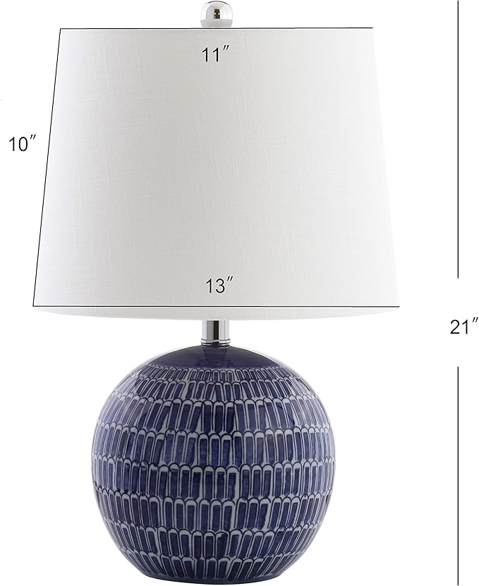 JONATHAN Y 21" Navy Ceramic Hand-Painted Scallop Sphere Table Lamp, Coastal Transitional Bedside Lamp with White Linen Drum Shade, LED Bulb Included JYL5044A
