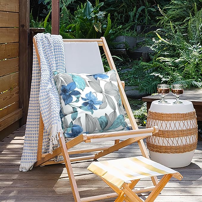 Outdoor Pillows for Patio Furniture 18x18 inch, Square Outdoor Throw Pillows with Inserts, Decorative Toss Pillows for Garden Couch Home Sofa Office Chair, Pack of 2, Clemens Noir Blue