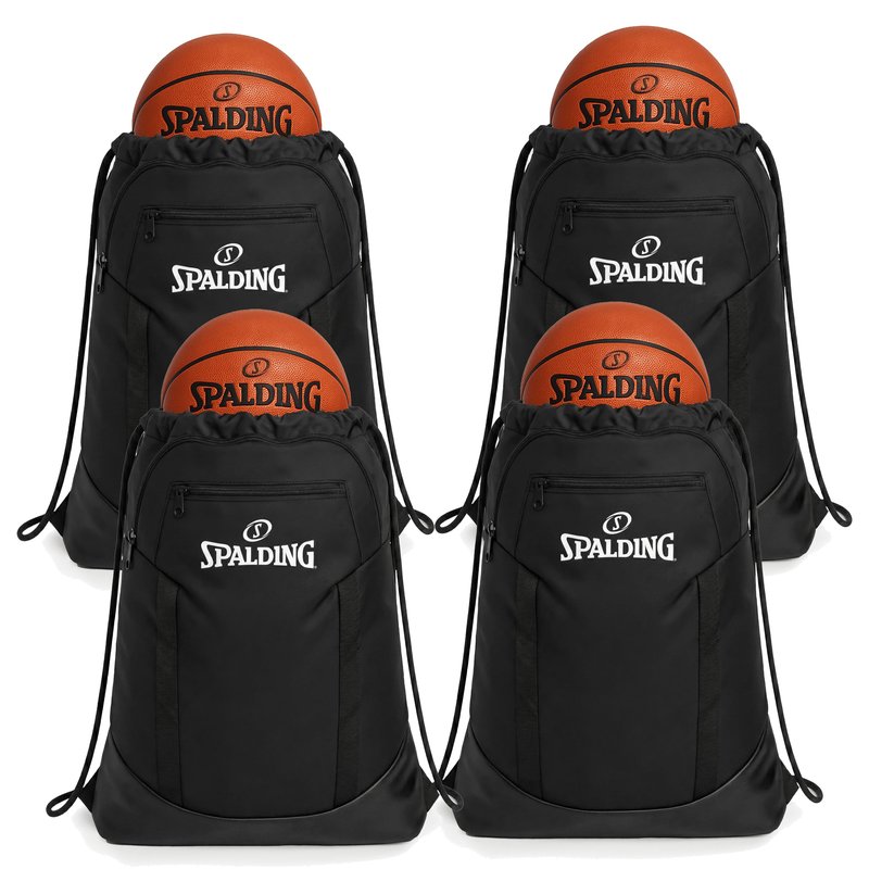 Spalding Drawstring Backpack Sports Bag, Black Waterproof Gym Bag Cinch Sack with Separate Shoe and Ball Holder, for Travel, Basketball, Sports, 4 Pack