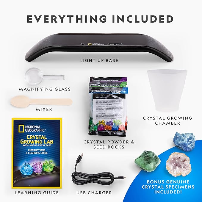 National Geographic Crystal Growing Kit - 3 Vibrant Colored Crystals to Grow with Light-Up Display Stand, Science Toy for Girls and Boys Ages 8-12, Includes 3 Gems, Cool STEM Gift (Amazon Exclusive)