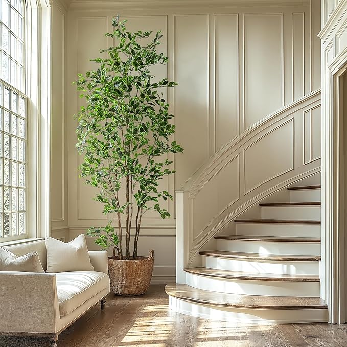Artificial Ficus Tree Indoor 8ft, Large Potted Faux Tree with Realistic Silk Leaves & Trunk for Home Office, Living Room Corner Decor