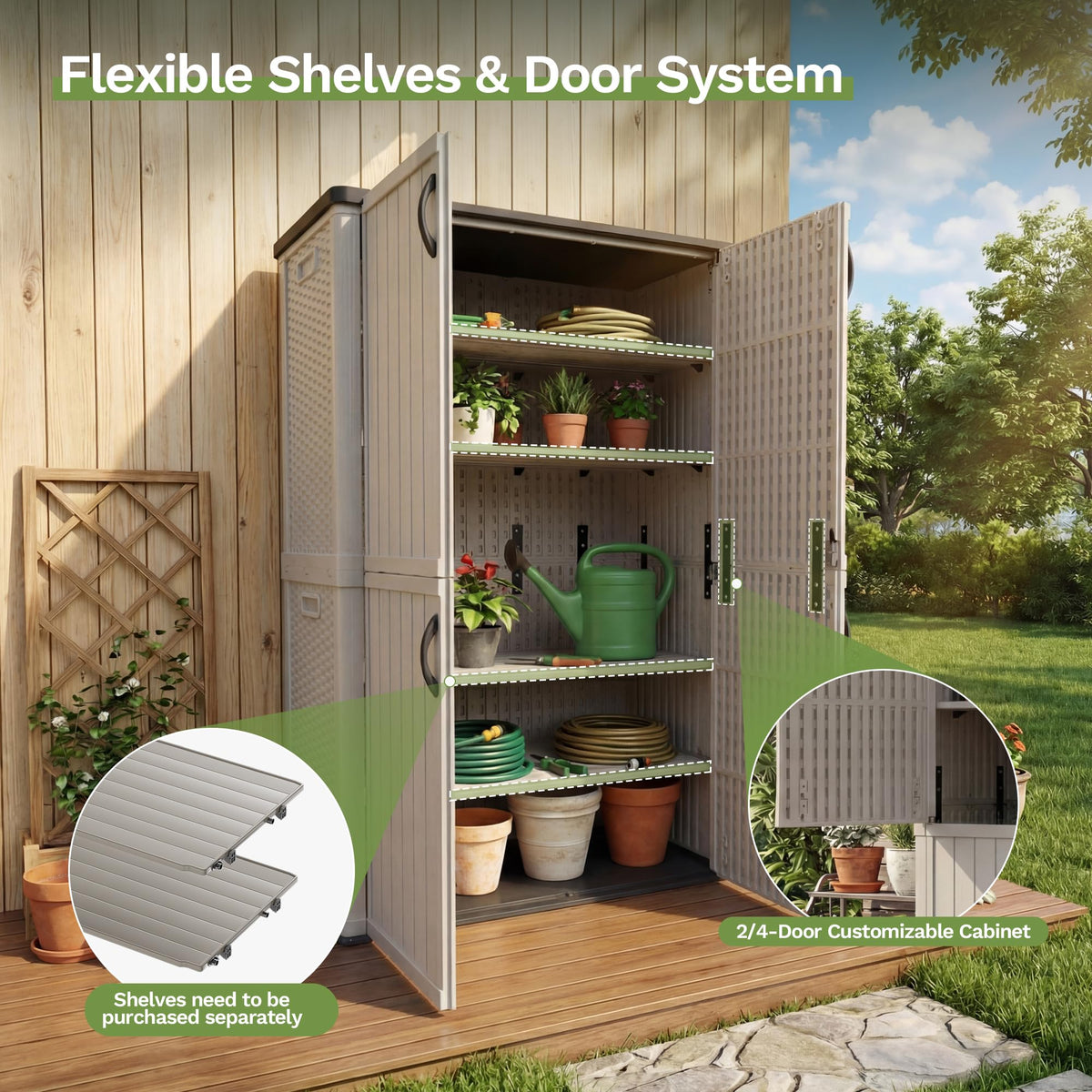 Patiowell 50 cu.ft Plastic Outdoor Storage Shed, Lockable Waterproof Resin Storage Cabinet Vertical Storage Shed for Garden Tools, Garbage Cans, Pool Supplies, Beige(Not Include Shelves)
