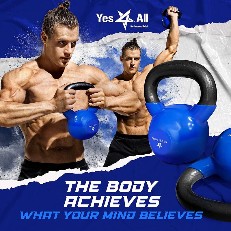 Yes4All Kettlebell, 20 lb Vinyl Coated Cast Iron Strength Training Kettlebells for Home Gym Exercises, Heavy Weights Gym, Fitness, Full Body Workout Equipment, Push up, Grip, Strength Training - Blue