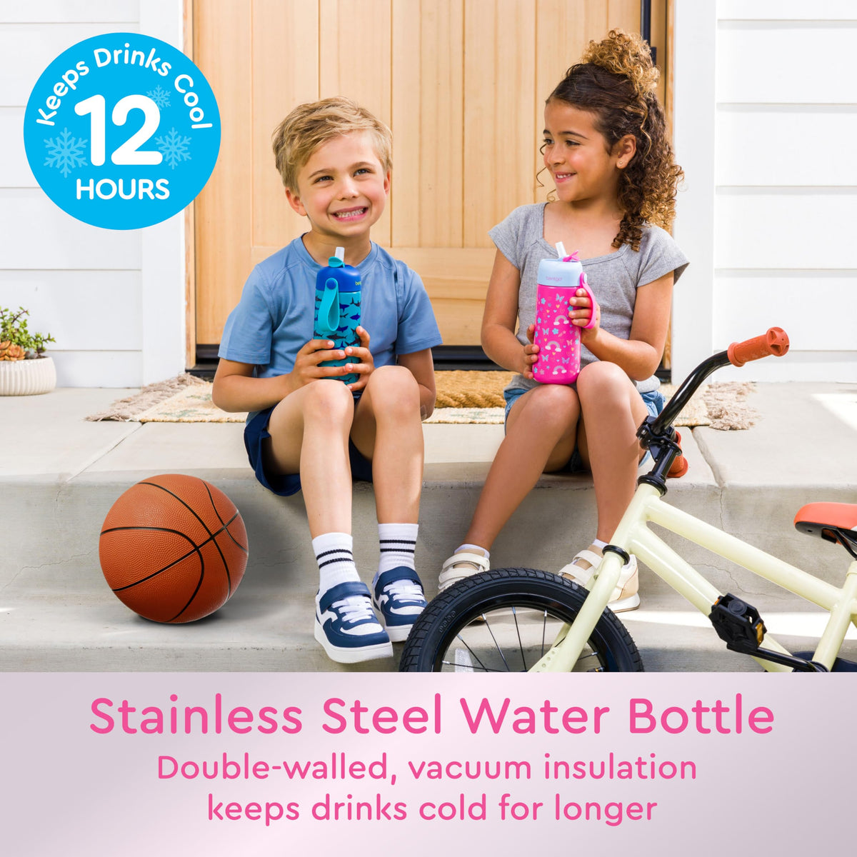 Bentgo® Kids Stainless Steel Insulated Water Bottle - Leak-Proof; Keeps Cool for 12 Hours; Durable, BPA-Free, Dishwasher Safe 14 oz. Cup for Ages 3+ for School/Sports/Daycare (Rainbows & Butterflies)