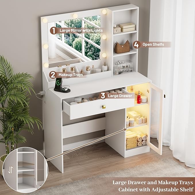 Makeup Vanity with Mirror and Lights, 34'' Wide Dressing Table with Charging Station & RGB Glass Cabinet, Small Vanity Desk with 3 Color Lighting Modes & Adjustable Brightness, White