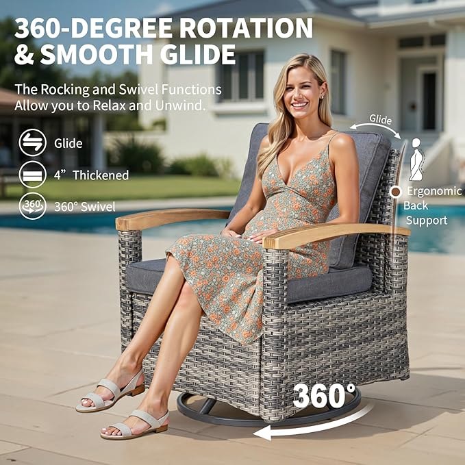 MEISSALIVVE 7 Pieces Patio Furniture Sets,PE Wicker Outdoor Conversation Sets with 2 Wood Armrests Swivel Rocker Chairs, 2 Ottoman, 3-seat Sofa and Coffee Table(Grey)