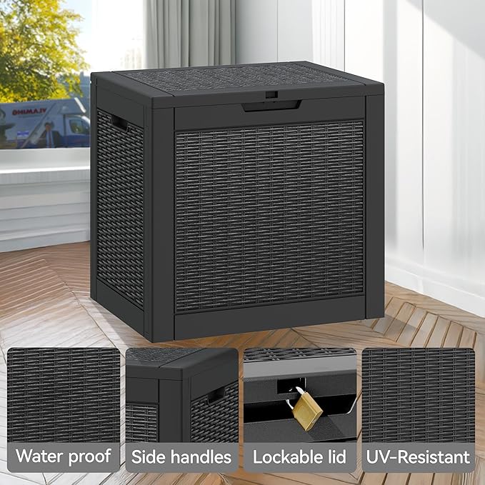35 Gallon Outdoor Storage Box, Waterproof Resin Deck Box with Lockable Lid, Patio Furniture Side Table & Storage Bin for Package Delivery, Patio Cushions, Garden Tools, Pool Accessories, Black