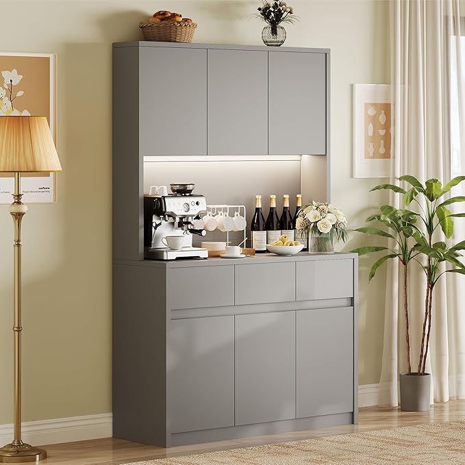Garvee Kitchen Pantry Cabinet,71 in Tall Storage Cabinet with Doors&Shelves Adjustable, Kitchen Storage Hutch with Microwave Shelf, Led Lights&Charging Station,Corner Pantry Cabinet