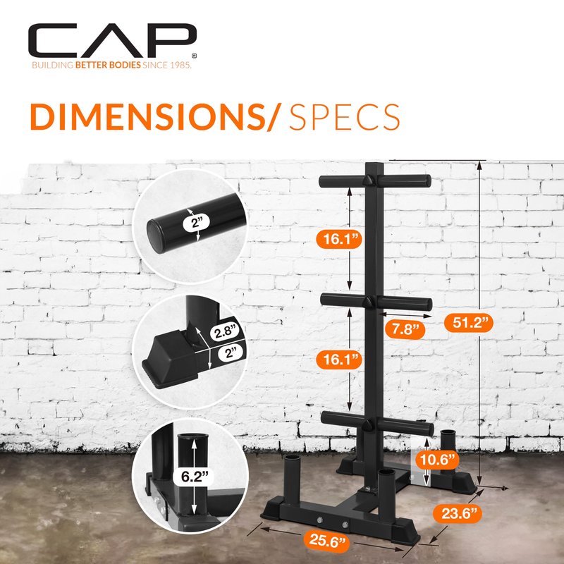 CAP 370 lb Economy Speckled Olympic Bumper Plate Set with Storage Rack, 2-Inch Olympic Plates, Medium Bounce Rubber Weight Plates with Steel Hub, 6 Weight Posts & 4 Barbell Holders for Weightlifting, Strength Training & Home Gym Workouts