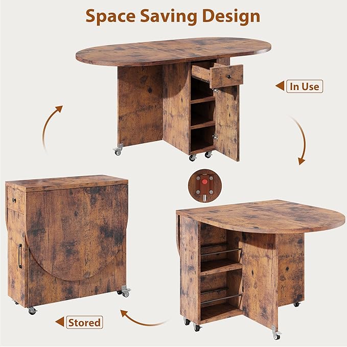 Folding Dining Table for 4 Kitchen Dining Room DinnerTable with Storage Drawer Space Saving Oval Foldable Drop Leaf Gateleg Furniture for Small Space (Vintage, 47 * 23.6 * 30)