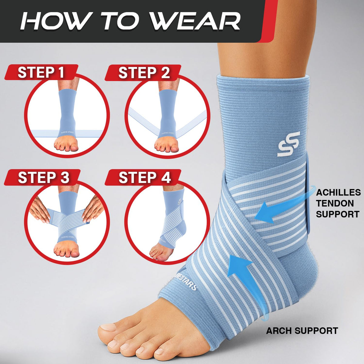 Sleeve Stars Ankle Brace for Women & Men, Ankle Wrap for Sprain, Compression Sleeve for Plantar Fasciitis Relief, Easy Customizable Support: w/ Removable Strap (Single/M:10"-12"/Light Blue)
