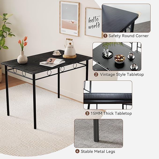 Vipbear 5-Piece Kitchen Table Set,Kitchen Dining Table Set for 4,Dining Room Table Sets,Rectangular Kitchen Table Set with 4 Chairs for Small Space, Dinette,Apartment,Black