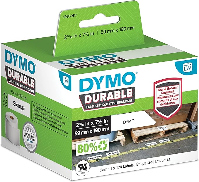 DYMO LW Durable Industrial Labels for LabelWriter Label Printers, White Poly, 2-5/16” x 7-1/2”, Roll of 170 (1933087)