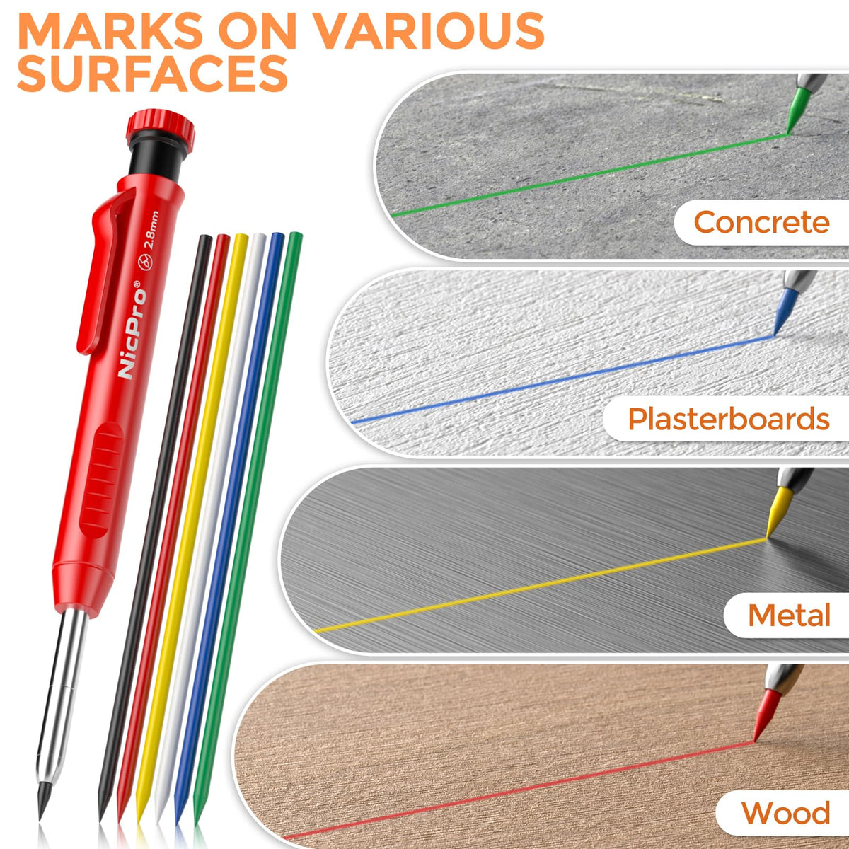 Nicpro 60 PCS Carpenter Pencil Refills - 2.8mm Lead for Mechanical Pencils, Construction & Woodworking - Break Resistant (Black, Red, Yellow, Green, Blue, White)