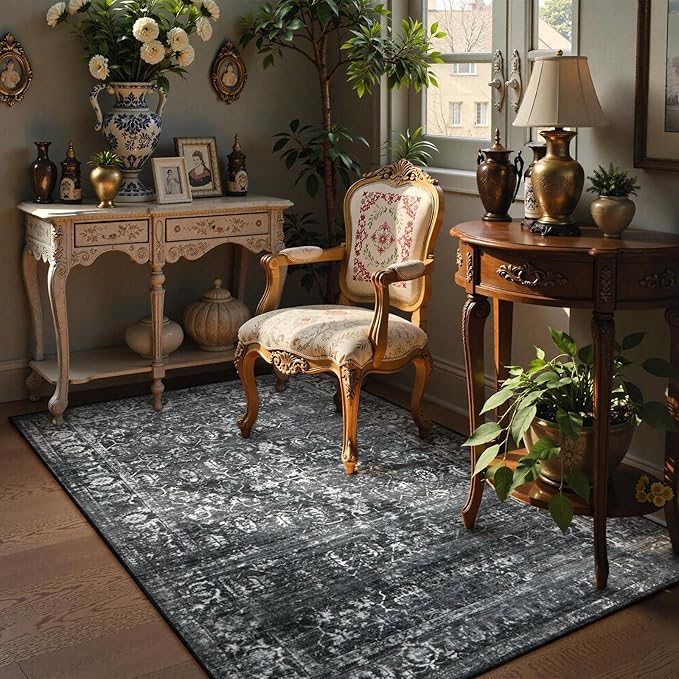 Lahome Washable Black 4x6 Area Rugs for Living Room Bedroom, Boho Vintage Non Slip Stain Resistant Floor Dining Room Carpet for Office Entrance Decor