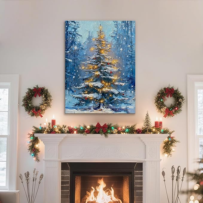 Framed Christmas Pictures Wall Decor,Vintage Pine Tree Prints,Winter Christmas Canvas Wall Art Decoration for Bedroom Bathroom Living Room Rustic Xmas Holiday Gifts (Christmas Tree 1, 20'' X 32'')
