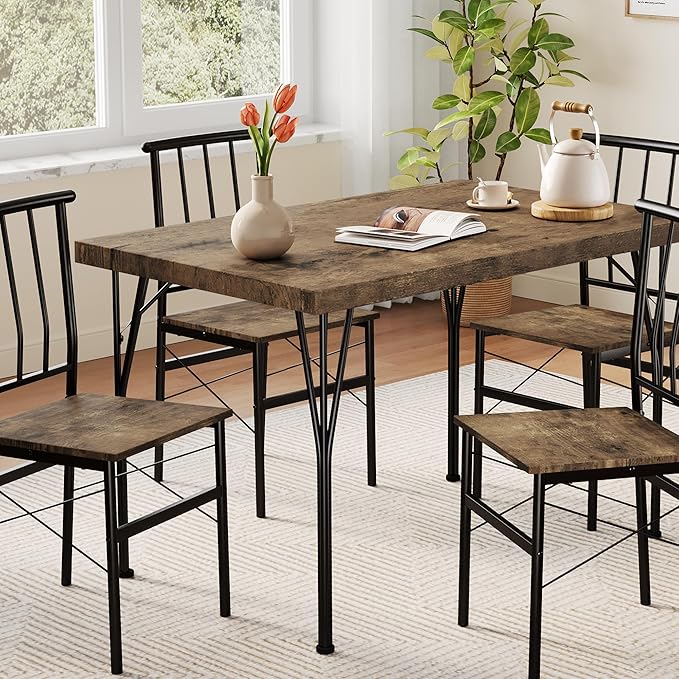 Vipbear Kitchen Dining Table Set for 4, 5-Piece Kitchen Table Set with 1.6“ Thick Tabletop,Dining Room Table Sets,Kitchen Table Set with 4 Chairs for Small Space, Dinette,Apartment,Retro Brown