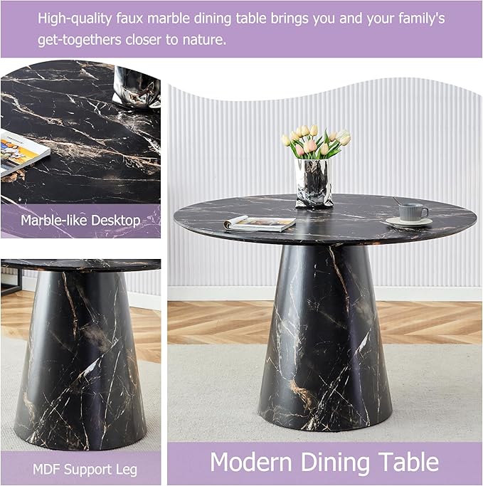 45 Inch Round Dining Table Set for 4, 5 Piece Kitchen Table and Chairs Set, Black Faux Marble Table Top, Small Space Dining Set for Apartment or Dining Room