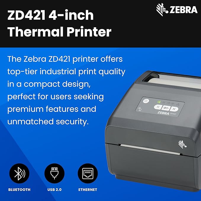 ZEBRA ZD421 Direct Thermal Desktop Printer 203 dpi Print Width 4-inch Wired USB and Ethernet Connectivity ZD4A042-D01E00EZ, No Thermal Ribbon Required