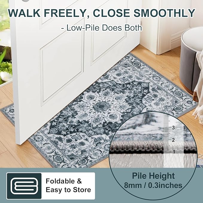 WILLSUN Washable Area Rugs, 2x6 Non-Slip Boho Area Rugs for Kitchen, Living Room, Bedroom, Machine Washable Vintage Rug, Indoor Floral Print Carpet for Home Decor, Kid & Pet Friendly Mat