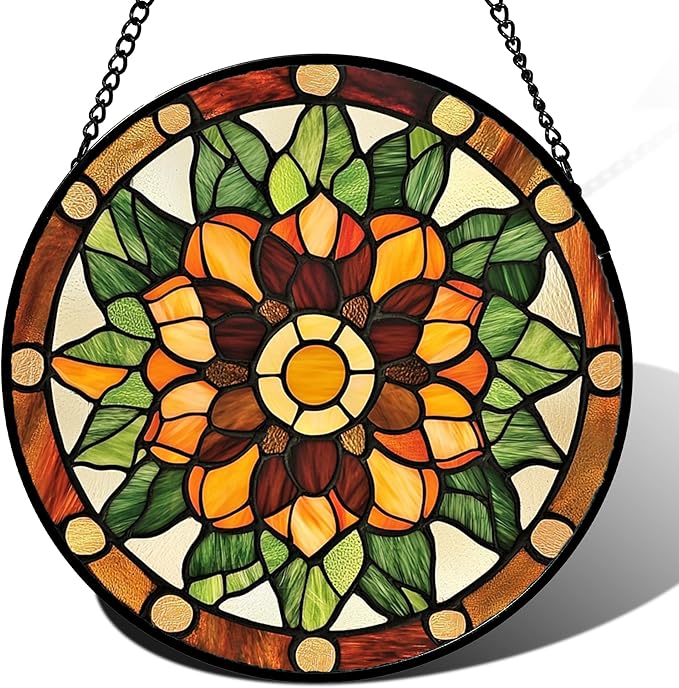 Stained Glass Window Hanging - Yellow Green Boho Style Flowers Sun Catcher for Door Garden Home Decor Suncatcher Christmas Mother's Day Birthday Gifts for Women Mom Girl Nana Friend 6.3 in