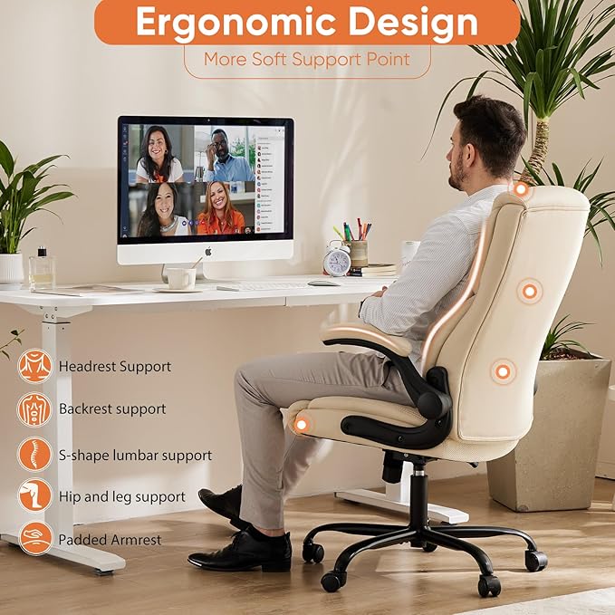 Sweetcrispy Computer Gaming Chair, Ergonomic High Back Heavy Duty Task Desk Office Chairs with Wheels, Flip-up Arms, Adjustable Height, PU Leather, Cream