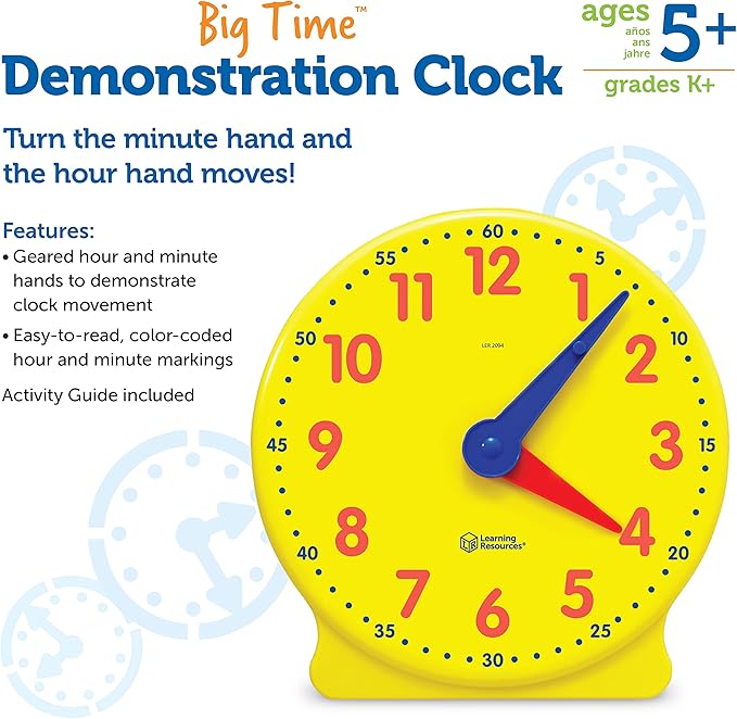 Learning Resources Big Time Learning Clock - Teacher Classroom Must Haves, Elementary School & Montessori Activities, Math Manipulatives, Time Flash Cards, Gifts for Boys and Girls