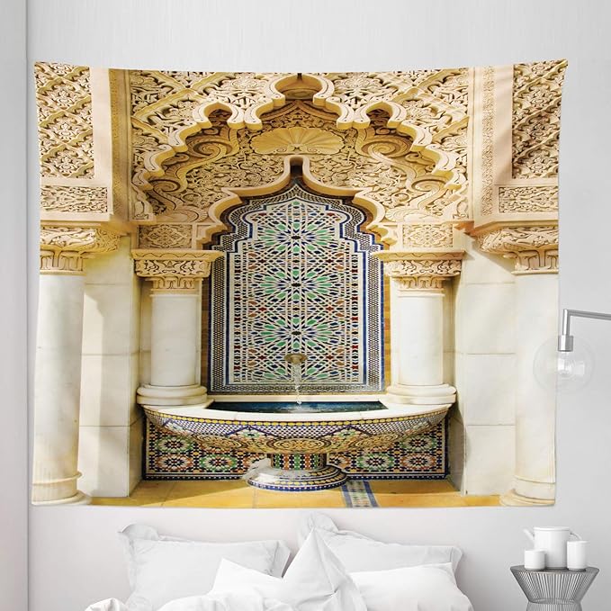 Ambesonne Moroccan Tapestry King Size, Vintage Building Design Art Historic Exterior Facade with Mosaic Print, Wall Hanging Bedspread Bed Cover Wall Decor, 104" X 88", Ivory Pale Brown Blue