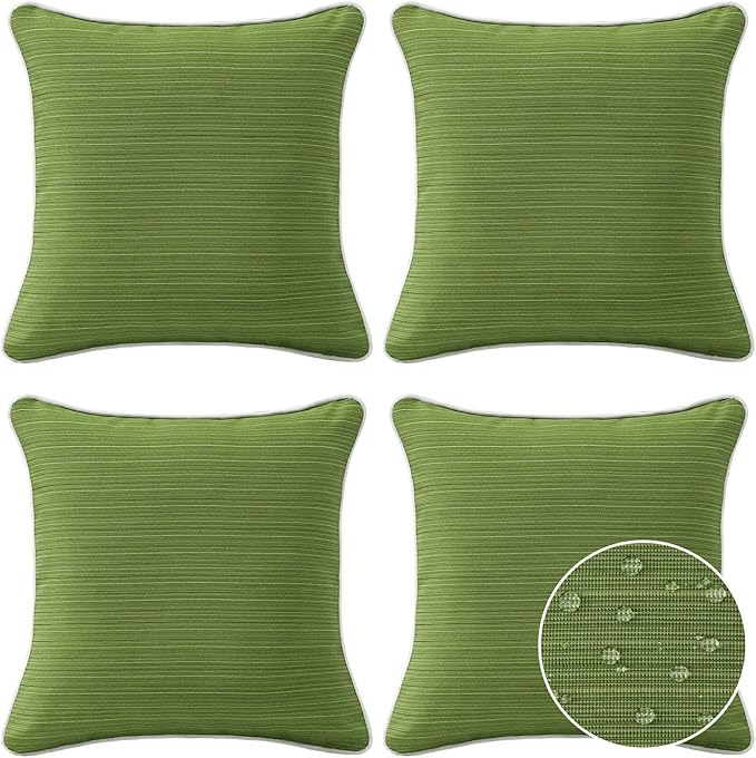 Decorative Outdoor Water Repellent Throw Pillows with Inserts, Set of 4, 16" x16" Pillows for Patio, Backyard, Bed, Couch, and Patio Furniture, Lawn Green