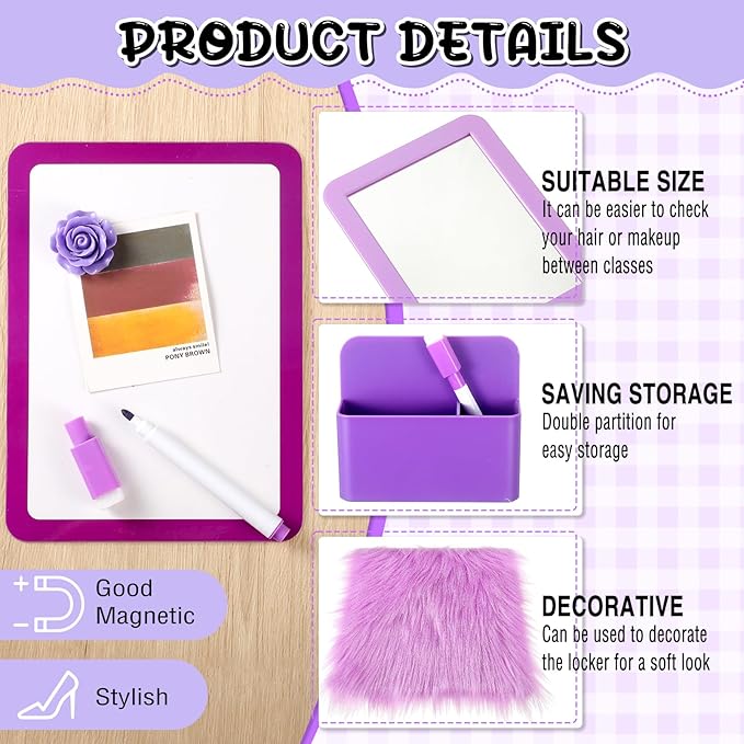 12 Pcs Locker Accessories Kit Magnetic Mirror Whiteboard Pen Holder Magnet Hook Locker Wallpaper Rug Keychain Marker String Light for Back to School Essentials Decorations (Purple)