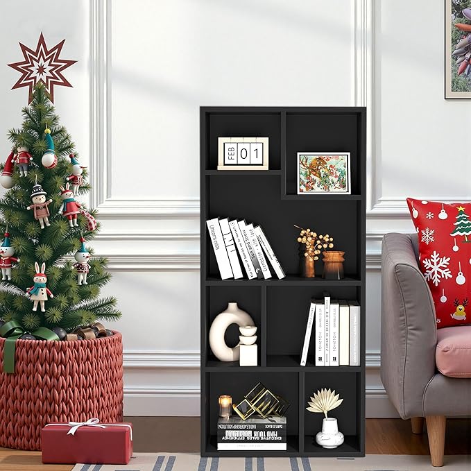VECELO 42 Inch High Bookcase, 4-Tier Modern Storage Cabinet with Height Difference Shelves for Standard Textbooks, Floor Standing Display, 7 Cubes, Horizontal Avaiable, Easy Assembly, Black