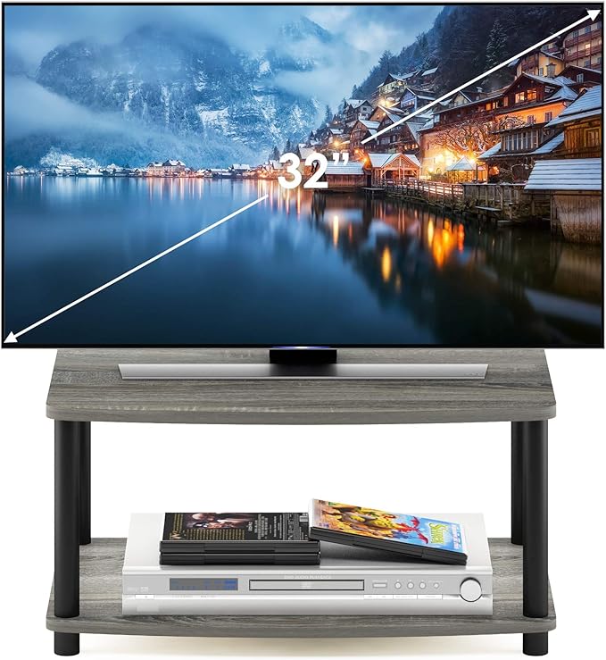 Furinno TURN-N-TUBE TV Riser Stand, 2-Tier Small Elevated No Tools TV Stand, TV Console for TV up to 32 inch, 15.8 x 23.8 x 11, for Living Room, Bedroom, Oak Grey