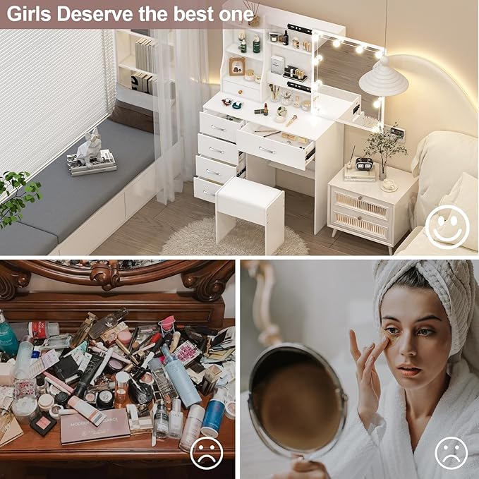 Small Vanity Desk with Sliding Mirror & Bulbs Lights, 3 Color Light Settings Makeup Table with 6 Storage Drawers and 6 Shelves, Bedroom Dressing Table with Chair for Girls, White