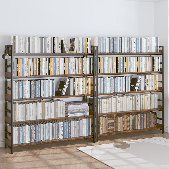HCHQHS 5 Tier Bookshelf, Adjustable Industrial Bookcase, Vertical Tall Book Shelf, Wood and Black Metal Open Bookshelves for Home Office, Living Room, Bedroom