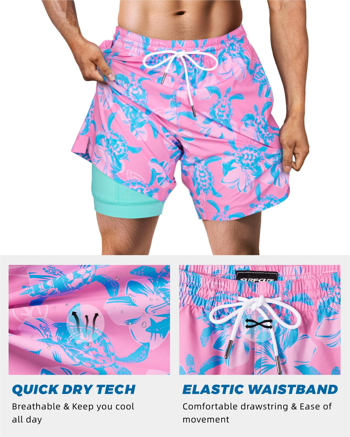 SURF CUZ Mens Swim Trunks with Compression Liner Quick Dry Swim Shorts 7" Swimming Trunks Stretch Zipper Pockets Pink Blue Turtles X-Large