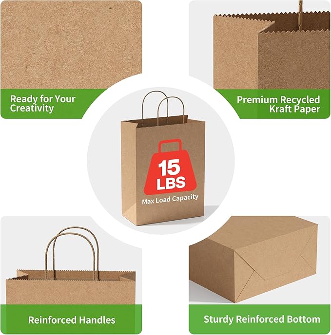 Simple Deluxe 50-Pack Kraft Paper Bags with Handles (10x5x13 Inch) - 100% Recycled Natural Brown Shopping Bags for Retail, Gifts & Merchandise - Made in USA, 90GSM Thick