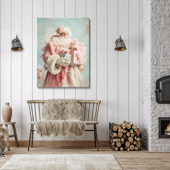 Pink Santa Christmas Canvas Wall Art - Elegant Winter Decor Framed Print for Girls Bedroom, Vintage Christmas Wall Art with Glitter Accents, Ready-to-Hang Christmas Gifts for Women