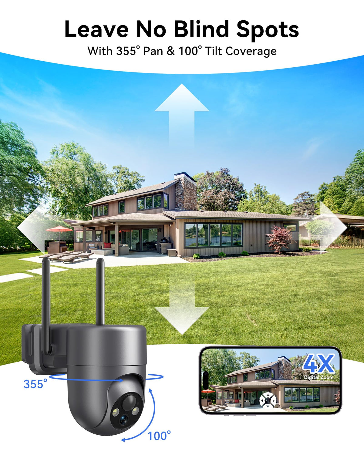 LIWAN Solar Security Cameras Wireless Outdoor, 360° View PTZ Camera for Home Security, 2K HD Color Night Vision, AI Human Detection, IP66 Weatherproof, 2.4GHz WiFi Only