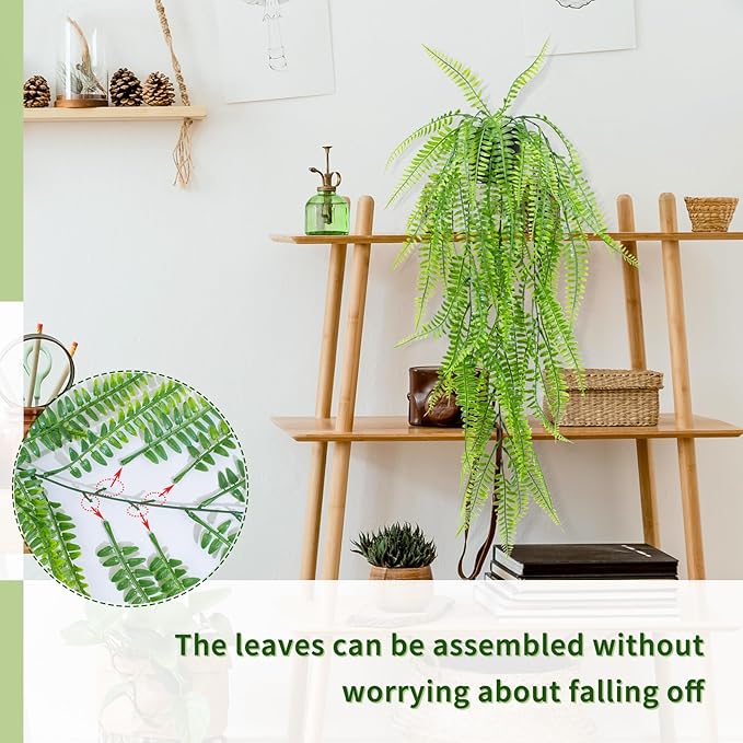 LOYWREE 2Pack Small Fake Hanging Plant with Pot, Artificial Potted Fern Plant, 28.7-in Long Faux Hanging Ferns Vine Plant for Shelf Home Office Indoor Outdoor Garden Greenery Decor (Black Pot)